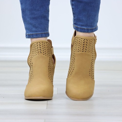 Heeled Ankle Boots Tan Faux Nubuck Round Toe Block High Heel Lacer Cut Design - Picture 10 of 12
