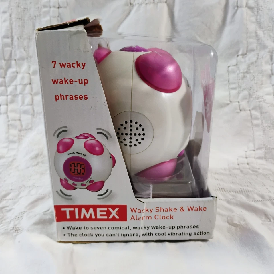 Timex T156B Wacky Wake-Up Shake N Wake rosa y blanco vibrante alarma parlante rara Foto 2 de 4