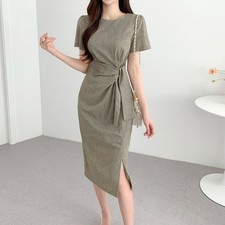 Women Solid O Neck Ol Office Midi Dress Ladies Casual Short Sleeve Bodycon Dress