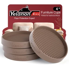4 Pcs Non-Slip Furniture Coaster Cups for Hardwoods - Brown Rubber Feet