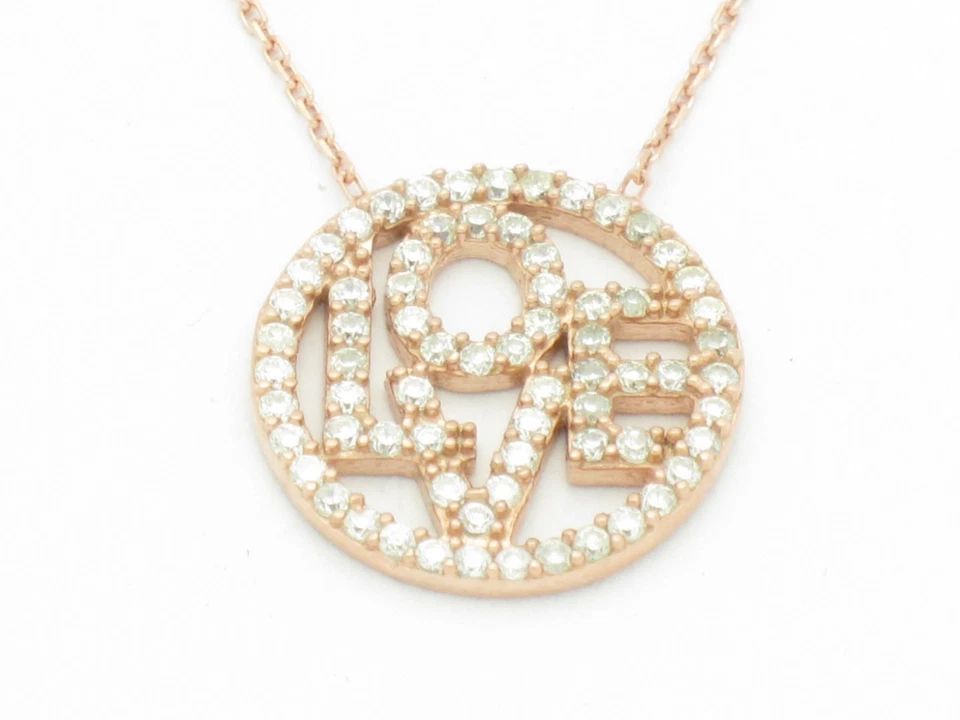 18KT ROSE GOLD SILVER DIAMOND SET PAVE WHITE SAPPHIRE LOVE COIN PROMISE PENDANT