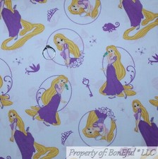 BonEFul Fabric FQ Cotton Quilt White Purple Disney Princess Tangled Scenic Toile