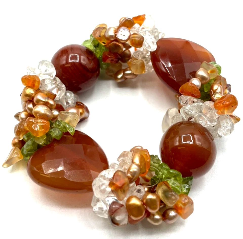 Attraktives SWZ Perlen Peridot Achat Karneol Armband dehnbar B 24 mm neuwertig - Bild 2 von 4