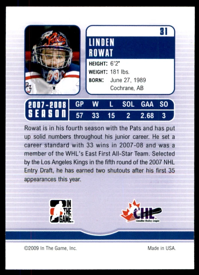 2008-09 In The Game Between Pipes Linden Rowat #31 - Image 2 of 2