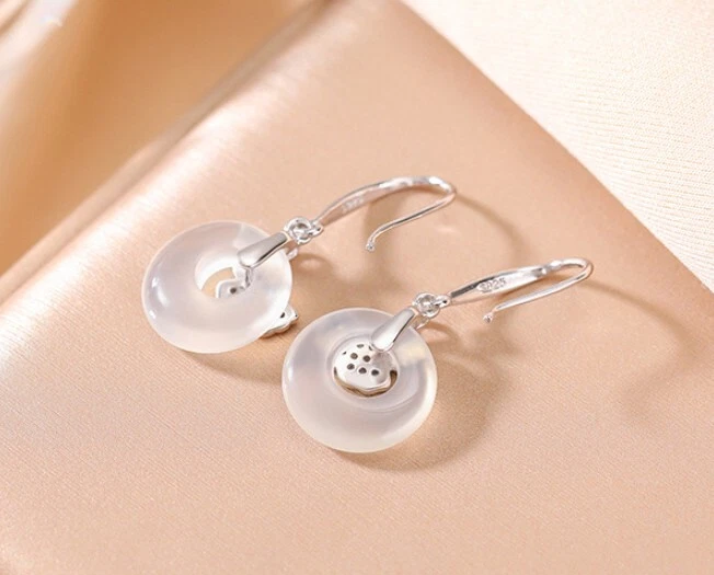 F02 Orecchini A Cerchio In Calcedon Bianco Foglia Di Ginkgo Argento Sterling 925 - Immagine 4 di 4