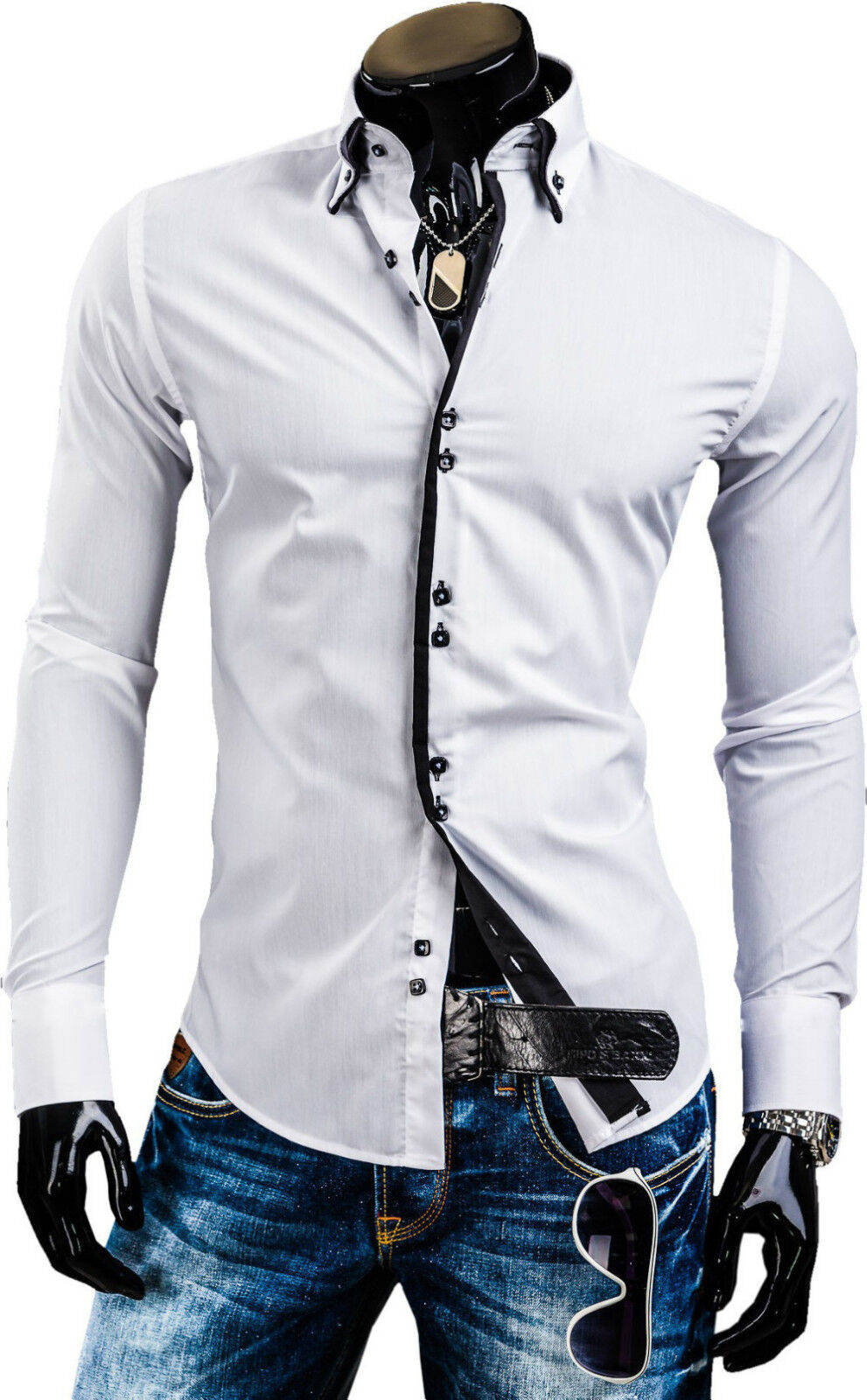 Stylish Mens Slim Fit Casual Double Collar Shirt Long Sleeve M L XL XXL ...