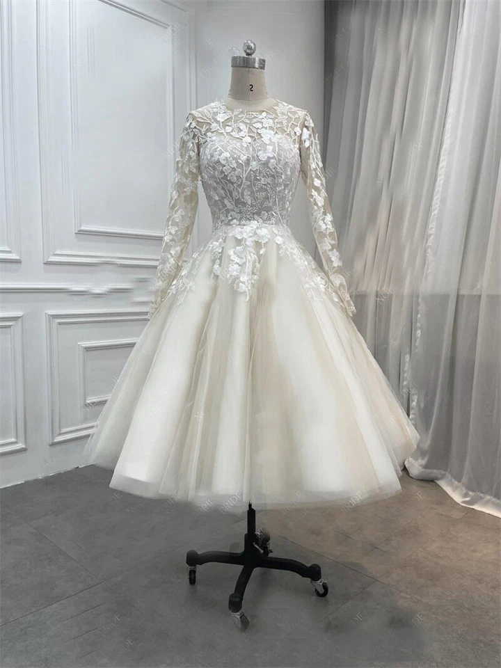 Elegant Lace Applique Wedding Dresses Long Sleeve Knee Length Bridal Gowns - Image 2 of 4