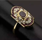 Art Deco Style Oval Lab Created Red Ruby Diamond 14K Yellow Gold FN Wedding Ring