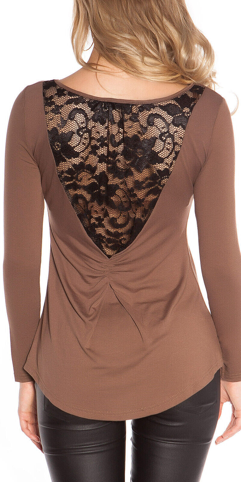 Camisa De Manga Larga Vokuhila Con Cuello Redondo Y Espalda De Encaje Chic