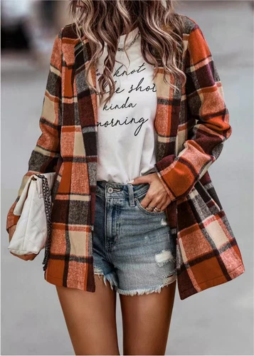 Women's loose checkered printed long sleeved cardigan- - Foto 9 di 24