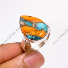 Orange Spiny Oyster Turquoise Ring 925 Sterling Silver Statement Rings Jewelry