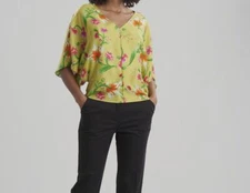 $350 Natori Women's Yellow Silk Floral V-Neck Short Sleeve Blouse Top Size L