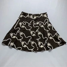 Brown Floral Applique Taffeta Circle Skater Skirt Womens Medium Flowy Loose Fit