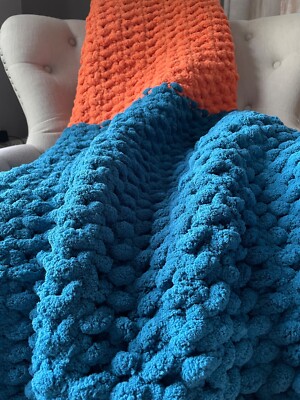 Chunky Knit Blanket Teal Blue and Orange Blanket Soft Chenille Throw  Blanket