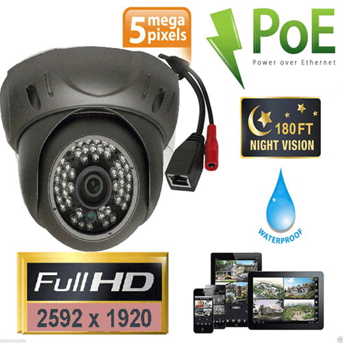 5MP 2592x1920P Network PoE Dome Weatherproof IP Security Camera 130FT SV System - Picture 1 of 5