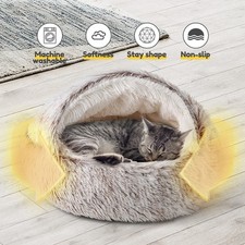 CATISM Cozy Cat Pod Plush Hooded Cat Bed Cave Self Warming Non-Slip Bottom COFFE