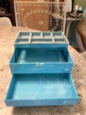 Vtg MCM HOMMER MFG. Blue Swirl 1950s Marbled Sewing Jewelry Box Case Travel