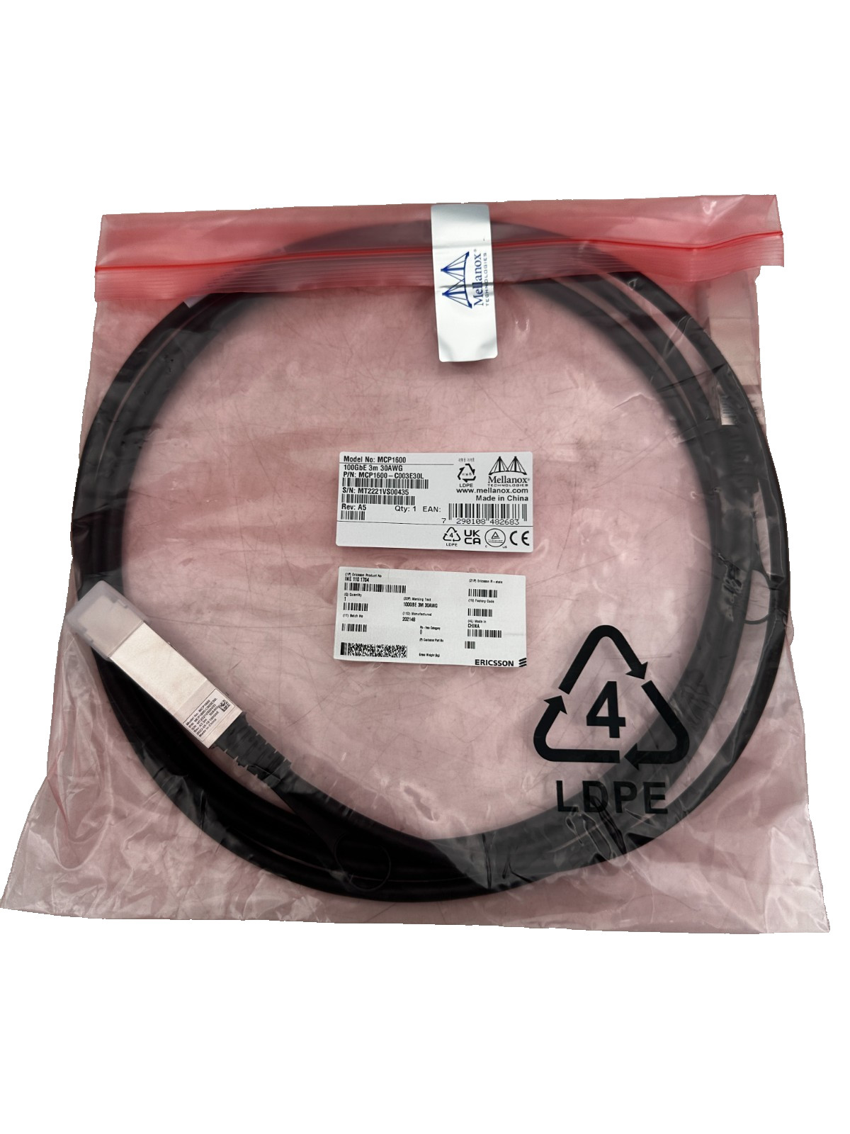 Câble 100GbE MCP1600 Mellanox DAC 3m cuivre passif pour liaison routeur LAN