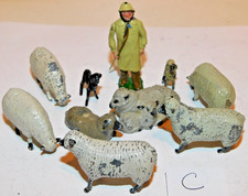Old BRITAINS Lead 1950s Farm Series, Shepherd with Flock of Sheep, 10 Pieces C