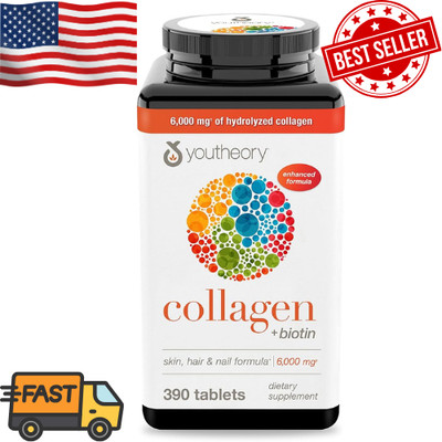 YOUTHEORY COLLAGEN + BIOTIN   Skin, Hair & Nail Enhanced Formula | 1 Bottle, 390