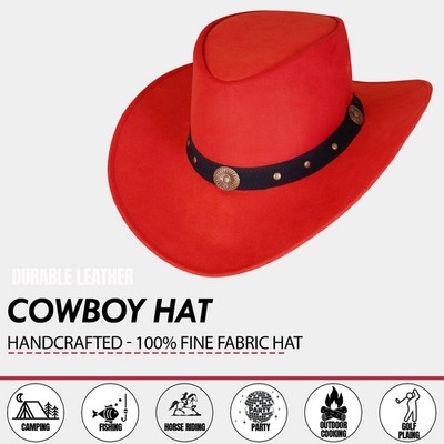 Red Suede Leather Cowboy Hat Western Outback Hat Studded Band Wide Brim Ranch