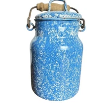 Vintage Blue Swirl Enamel Milk Can Jug Metal Creamer Wooden Handle Speckled