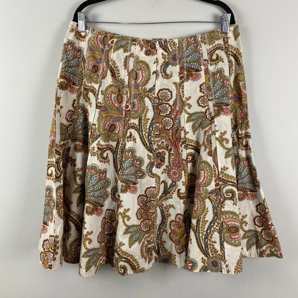 CAbi Cotton Retro Boho Paisley Fit & Flare Skirt Size 14 Pleat Faux Button-Front - Image 4 of 4
