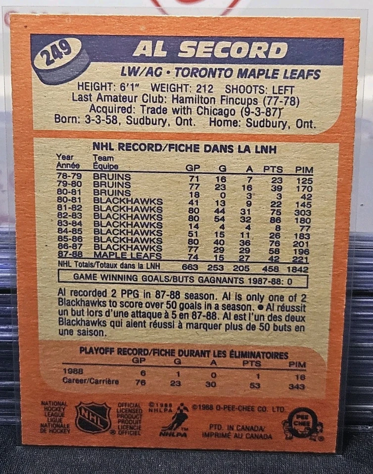 88-89 O-Pee-Chee Al Secord 🚨🚨🚨 Toronto Maple Leafs - Image 2 of 2