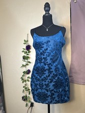 Forever 21 Blue/Black Velvet Floral Mini Slip Dress Scoop Neck Spaghetti M