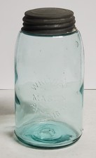 Whitney Mason Pat'd 1858 Aqua Fruit Jar w/ Zinc Ball Lid 7"