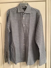 Saks Fifth Avenue Shirt Linen Blend Mens Large L Plaid Long Sleeve Button