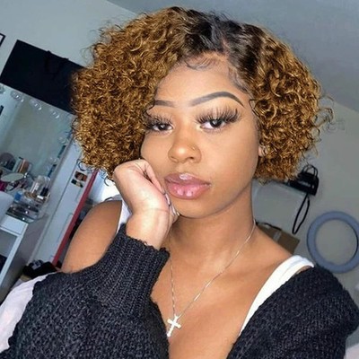 Human Hair Wigs Curly Wave Side Part Wig Short Bob Pixie Cut Brazilian Remy Hair