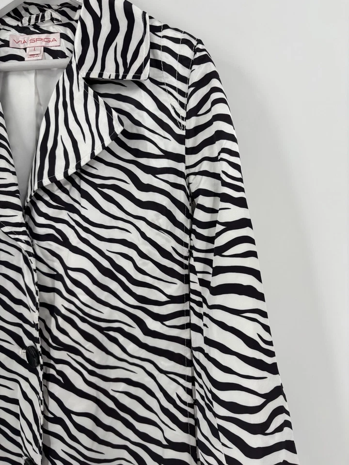 Abrigo de lluvia Via Spiga Vintage Trench para mujer grande negro blanco cebra rayas botón Foto 3 de 4