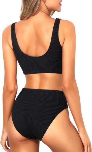 Two Piece High Waisted Bikini Sporty Scoop Neck Swimsuits for Women Size S - Picture 2 of 5