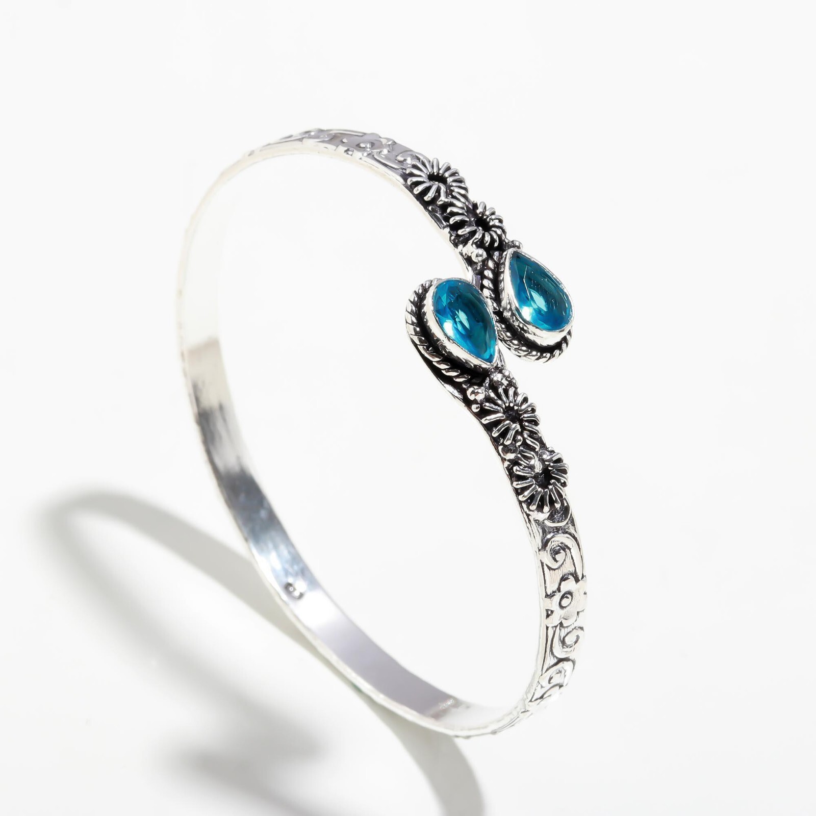 Bangle Blue Topaz Gemstone Handmade 925 Sterling Silver Cuff Adjustable-image