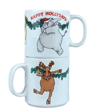 2 Stackable White Coffee Mugs HAPPY HOLIDAYS Christmas Animals - Russ Berrie