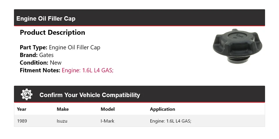 Para Isuzu I-Mark 1989 1,6 L L4 GAS motor llenado aceite tapa puertas Foto 2 de 4