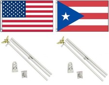 3x5 USA American Puerto Rico Flag 2 White Pole Kit Sets 3'x5'