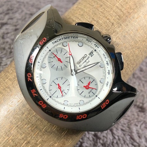 Vtg Seiko Chronograph Men 7T62-0AM0 Tachymeter Asymmetrical Quartz Watch 6 1/2"