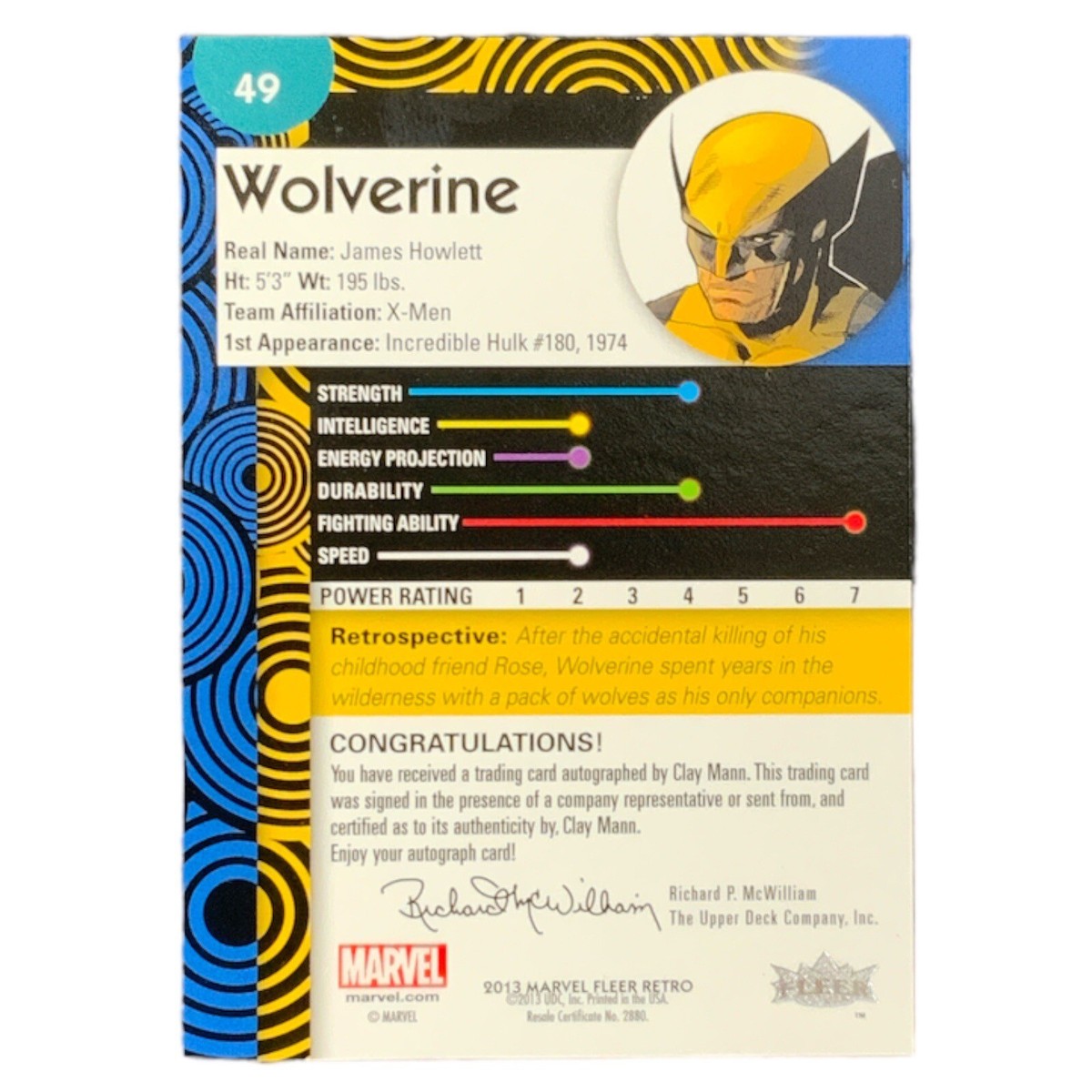 2013 Marvel Fleer Retro Wolverine Autographed By Clay Mann Card