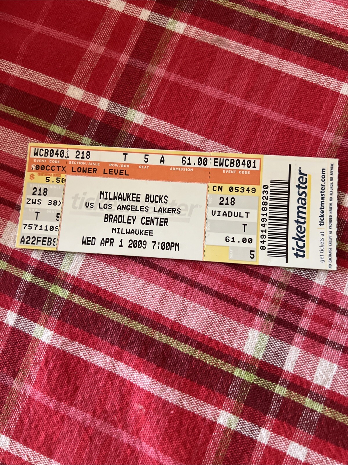 2009 Milwaukee Bucks Vs Los Angeles Lakers Apr1 2009 Ticket Stub