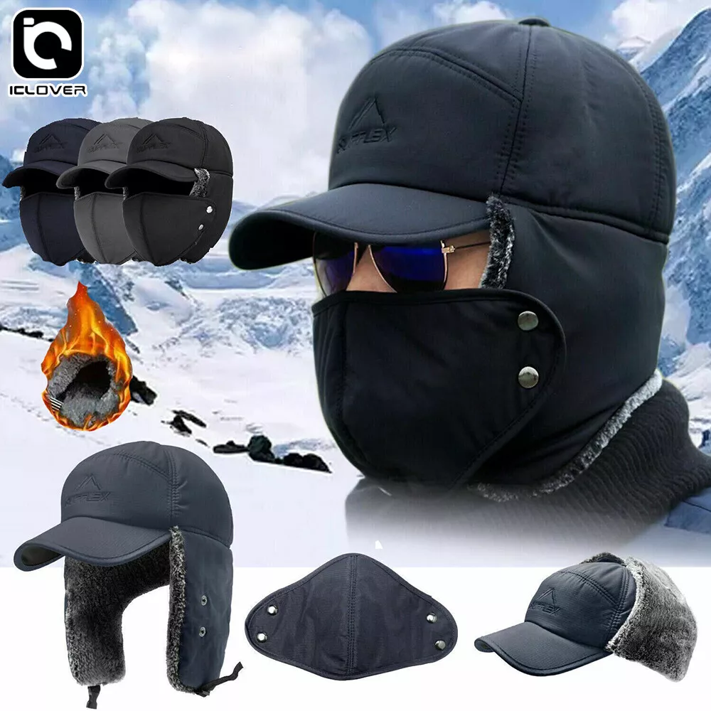 Winter Fur Ear Flap Hat Trapper Warm Aviator Russian Ski Cap Face Mask Men  Visor