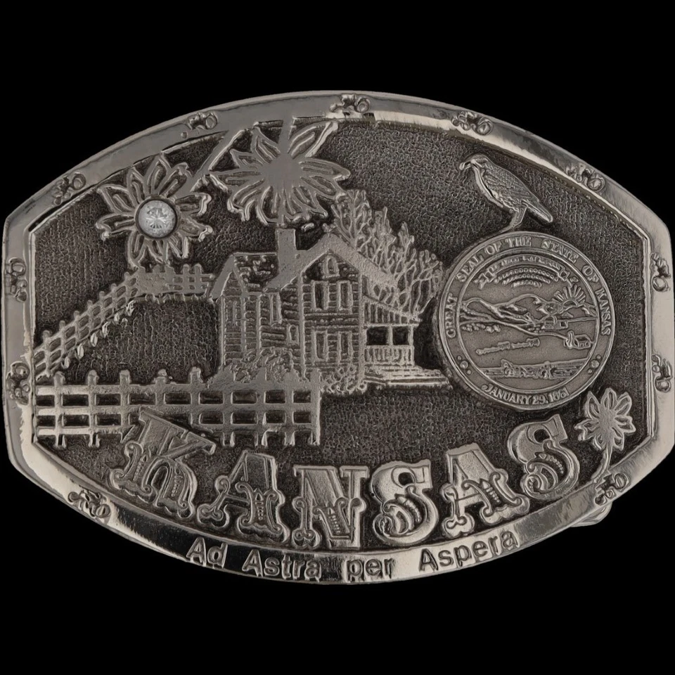 Nuevo Kansas Ks State Lawrence Wichita Topeka Girasol Ku Nuevo de Lote Antiguo Hebilla de Cinturón Foto 3 de 4