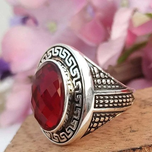 Solid 925 Sterling Silver Pink Ruby Zircon Gemstone Partywear Mens Unisex Ring - Picture 3 of 12