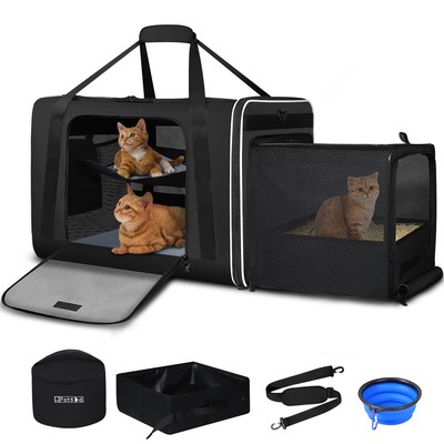 Side Expandable Extra Large Cat Carrier with Litter Box Area, 24''x17''x17'' Sof...
