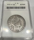 1915-S Barber Half Dollar 50C Silver U.S. Coin - ANACS F15 Soapbox Holder (G155)