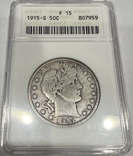1915-S Barber Half Dollar 50C Silver U.S. Coin - ANACS F15 Soapbox Holder (G155)