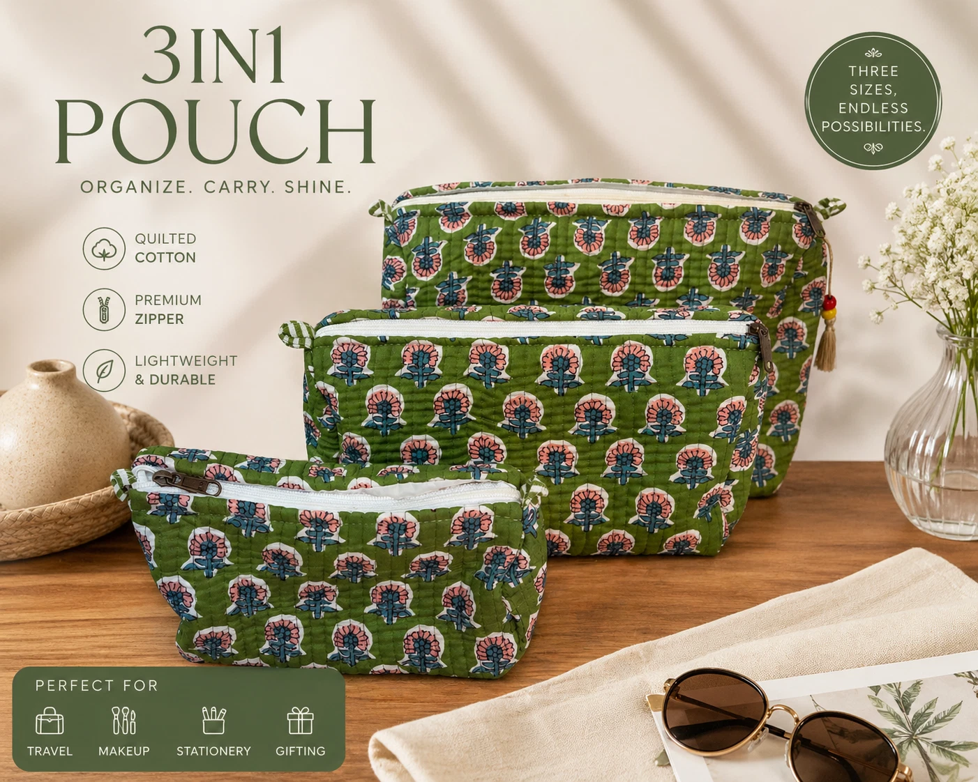 3PCS Quilted Cotton Cosmetic Bag Set Floral Makeup Travel Organizer Zipper Pouch
Opens in a new wind