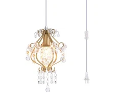 Elegant Mini Chandelier Plug in Crystal Pendant Light,Golden