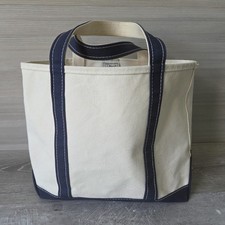 L.L.Bean Vintage Boat and Tote Bag 80s Size M White Navy Blue Canvas Made in USA